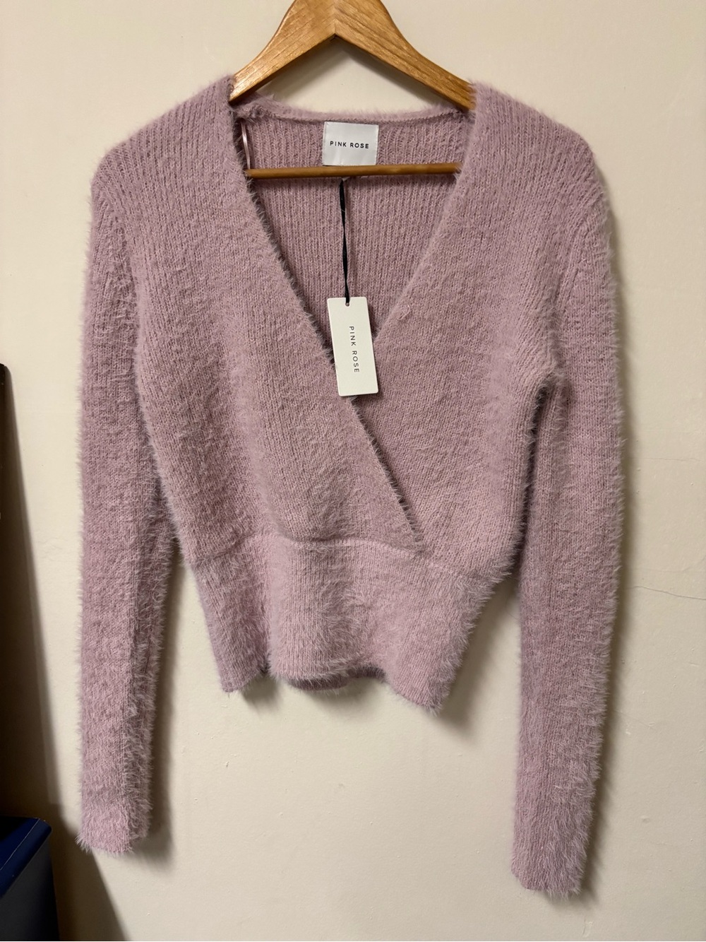 Pink Rose Women's Fuzzy V-Neck Wrap Sweater in Mauve